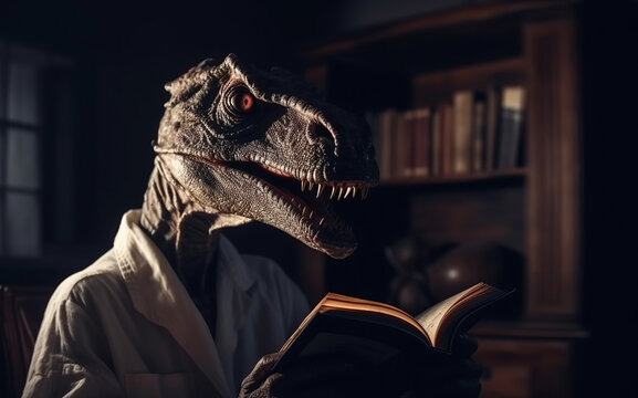 Dinosaur or dragon reads a book. Concept of children's fears, horrors, scary stories, scaring. Kid's fear - monster under the bed (or from the closet) - is telling scary tale.