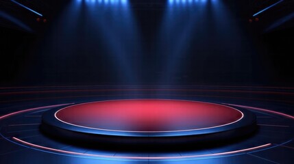 Empty stage shows empty dark blue red background. 
