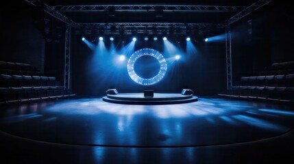 light circle stage podium spotlight dark blue