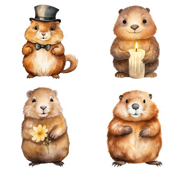 clipart collection Groundhog in a cute cartoon watercolor style