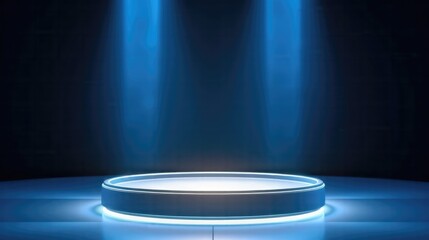 Round podium empty stage illuminated by spotlights 