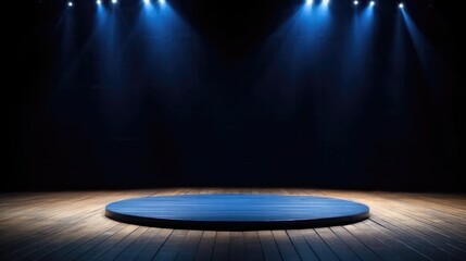 Fototapeta na wymiar Round spotlight on blue curtain on the stage