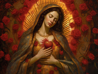 Artistic portrayal of Virgen de Guadalupe. Concept embodies spiritual devotion and cultural identity