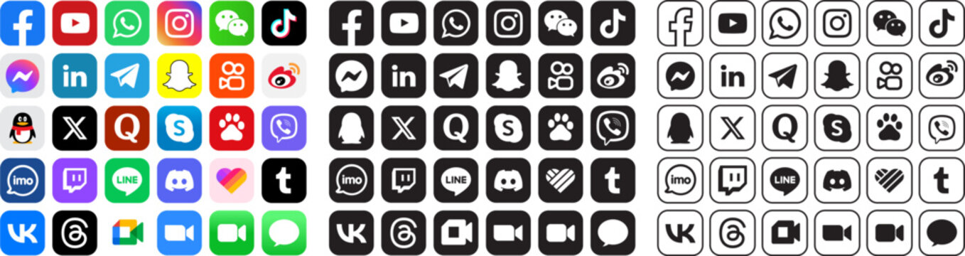 Set of popular social media logo icons. Facebook, instagram, twitter, linkedin, youtube, telegram, snapchat, whatsapp etc.