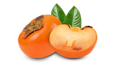 ripe persimmons with leaf isolated on transparent
