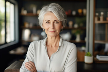 An elderly, active businesswoman smiles. Healthy active longevity concept - obrazy, fototapety, plakaty