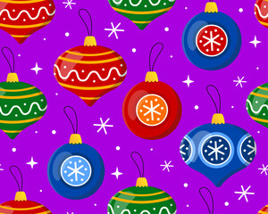 Seamless pattern with colorful Christmas balls on a purple background. New year's toys, decor for christmas tree, snowflakes. Pattern for New Year's wrapping paper, cards, decor, fabric.