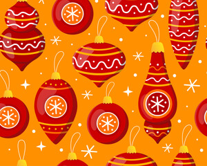 Seamless pattern with red Christmas balls on a yellow background. New year's toys, decor for christmas tree, snowflakes. Pattern for New Year's wrapping paper, cards, decor, fabric.