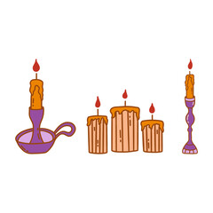 Set of burning candles in antique purple candlestick. Colorful vector isolated illustration hand drawn doodle. Winter holiday season. Group lighting elements icon clip art