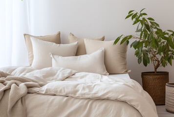 Closeup on pillows in a bedroom with a plant nearby
