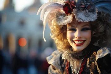 Zelfklevend Fotobehang Carnival Charm: Stylish Woman Posing in Venice Street © Andrii 