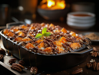 Closeup of freshly baked organic sweet potato casserole with walnuts