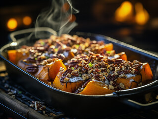 Steaming sweet potato casserole on Christmas morning with walnuts