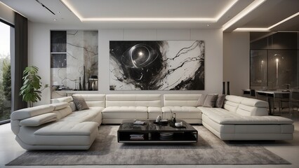 Luxurious Modern Living Room with White Leather Sofa and Abstract Art