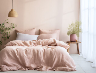 Scandinavian interior design of modern bedroom in pink color