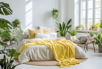 Scandinavian interior design of modern bedroom in white and yellow colors with plants