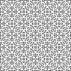 Black lines on white background.
Wallpaper with figures from lines. Abstract patterns. Black  pattern for web page, textures, card, poster, fabric, textile. Monochrome design. 