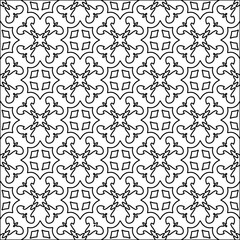 Black lines on white background.
Wallpaper with figures from lines. Abstract patterns. Black  pattern for web page, textures, card, poster, fabric, textile. Monochrome design. 