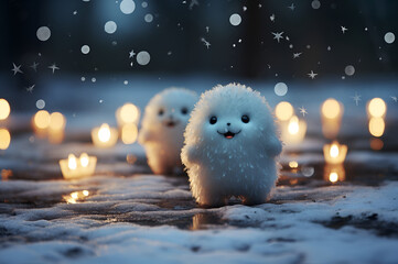 Little cute fairy tail creatures on the snow at night, children’s characters in festive winter season