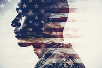 Fotobehang Portrait of a soldier in a military uniform on the background of the American flag © Rudsaphon
