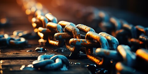 A close-up of an old iron chain with a weathered look. - obrazy, fototapety, plakaty