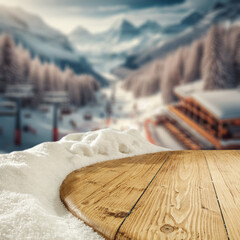 Desk of free space cover of snow and frost with blurred landscape of mountains in Alps. 