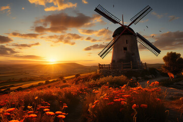 Sunset Glow behind Wind Turbine