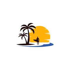 Surfing logo, Beach logo, Plam Tree, Travel logo, Surfboad logo design vector