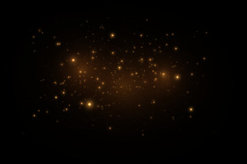 Christmas glowing bokeh confetti light and glitter texture overlay for your design. Festive sparkling gold dust png. Holiday powder dust for cards, invitations, banners, advertising.