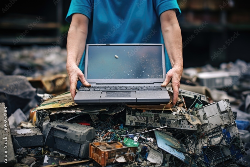 Leinwandbilder a person is seen holding a laptop on top of a pile of various electronics. this image can be used to