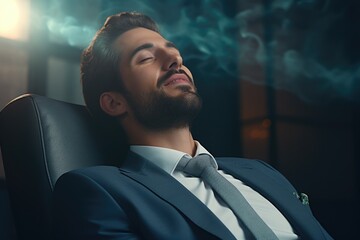 A man sitting in a chair with his eyes closed. Suitable for relaxation, meditation, and mindfulness themes