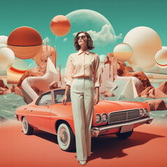 Surreal collageof a 70s woman style with a retro car, travel theme concept, pop colors, nostalgic mood, generative ai illustration