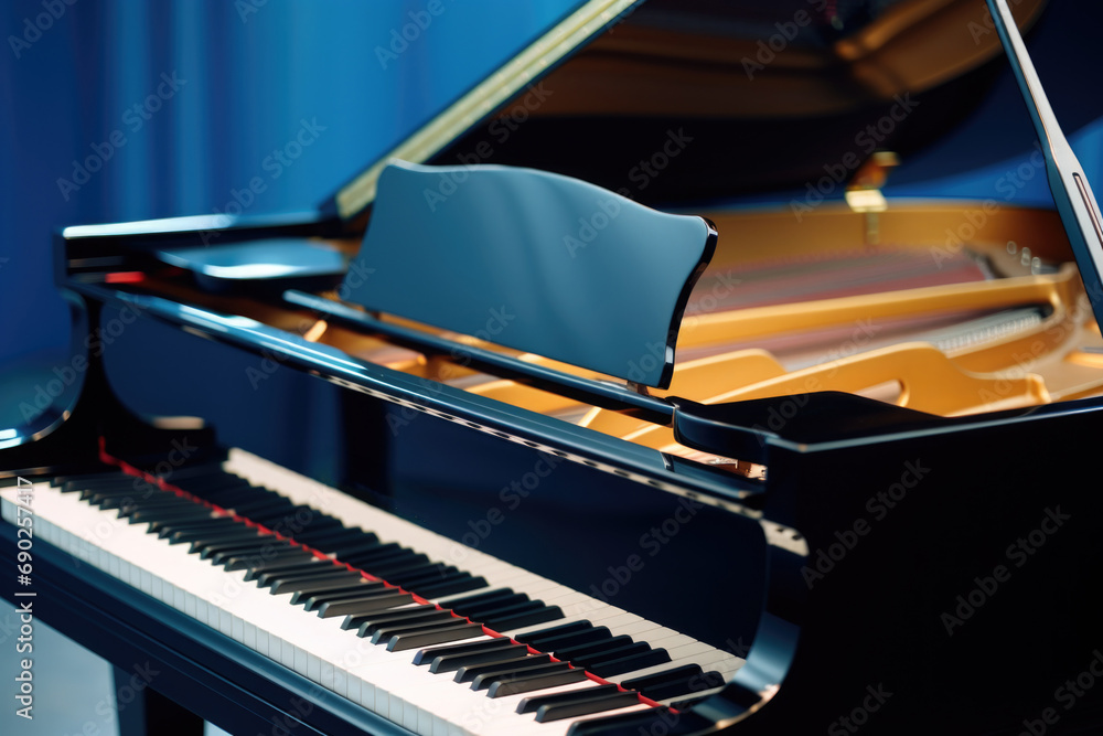 Poster a grand piano with a black case sits in front of a blue curtain. this image can be used for various 