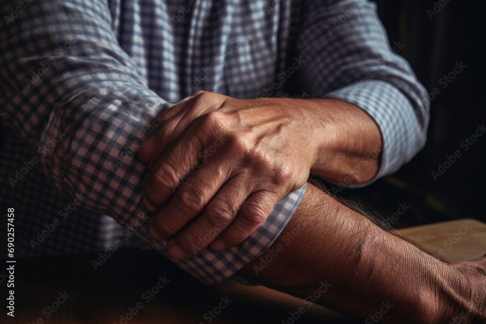 Aufkleber a close-up view of a person's hands resting on a table. perfect for illustrating concepts of work, c