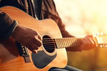 A person playing a guitar under the warm sun. Perfect for outdoor music events and summer vibes