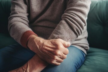 A person sitting on a couch, holding their hands. Suitable for images related to relaxation, comfort, love, support, or togetherness