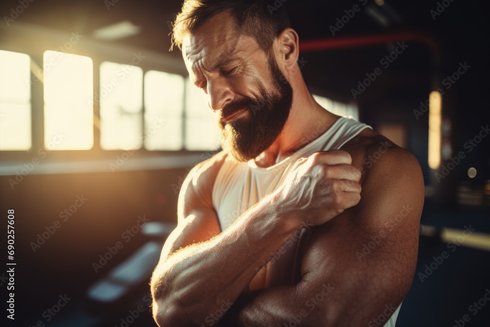 Poster a picture of a man with a beard in a gym. this image can be used to illustrate fitness, exercise, or