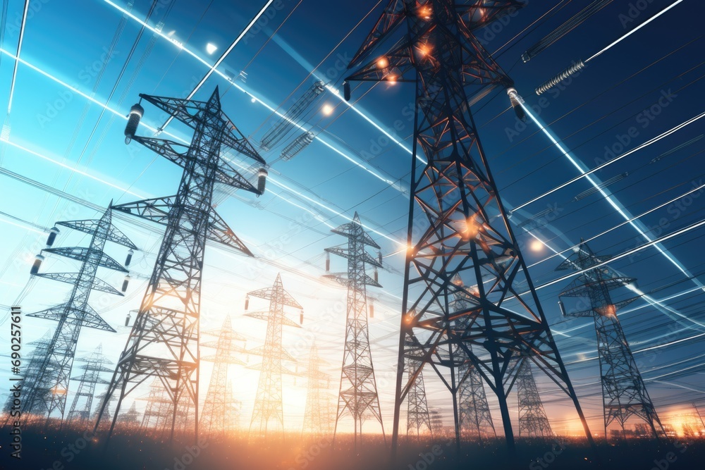 Poster A group of high voltage power lines. This image can be used to illustrate concepts such as electricity, energy, infrastructure, and technology