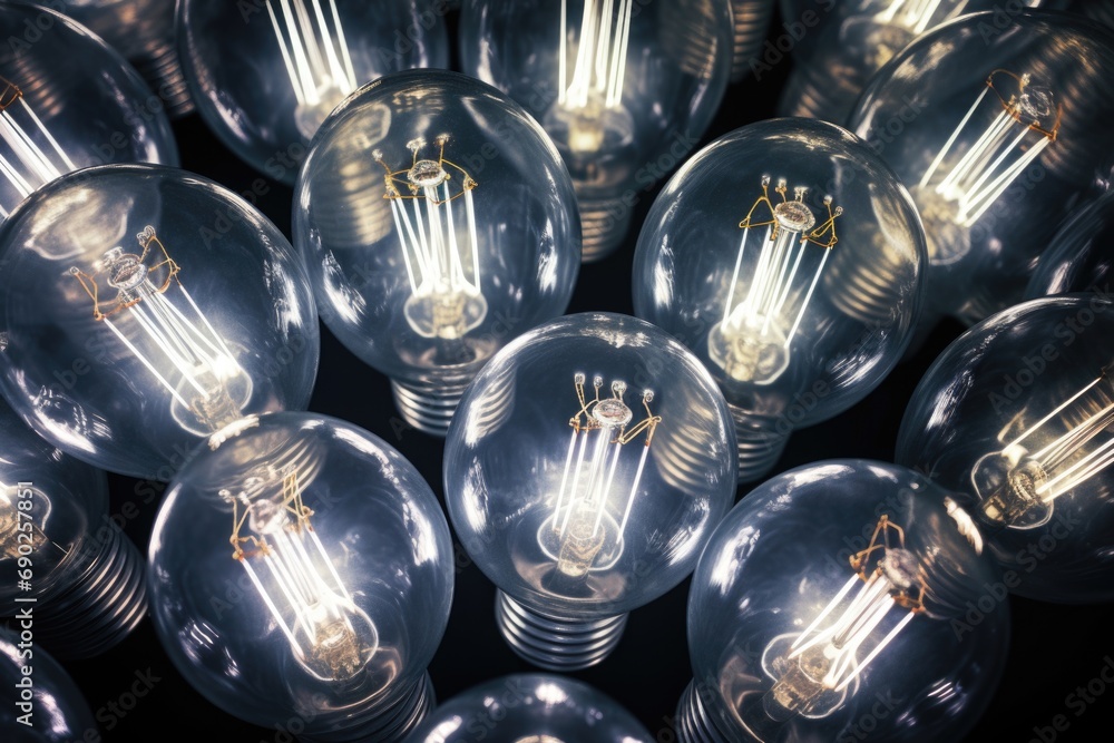 Poster A bunch of light bulbs sitting on top of a table. This versatile image can be used to represent ideas, creativity, innovation, energy efficiency, or a bright concept