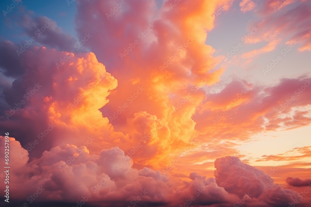 Poster A vibrant image of a large cloud filled with numerous pink clouds. Perfect for adding a touch of color and serenity to any project