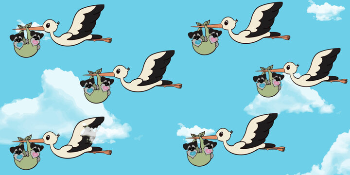 vector background of stork carrying puppies