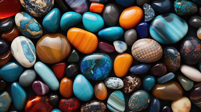 Collection of polished gemstones showcasing diverse colors and textures ideal for creative designs.