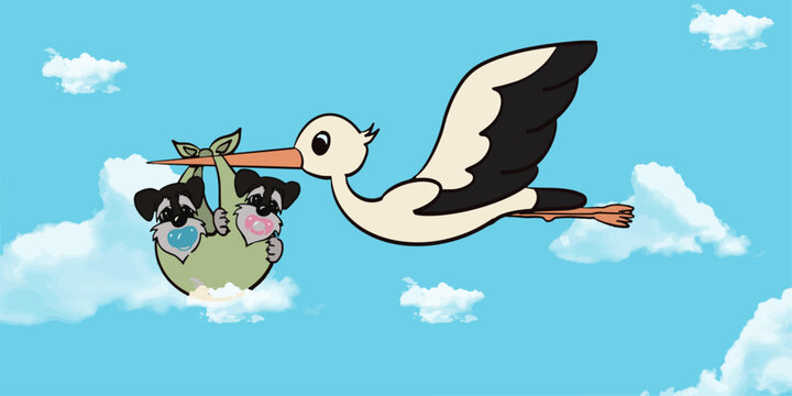 vector background of stork carrying puppies