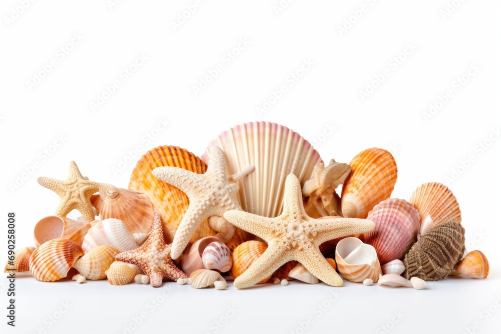 Poster a pile of sea shells resting on a clean white surface. perfect for beach-themed designs and summer-r