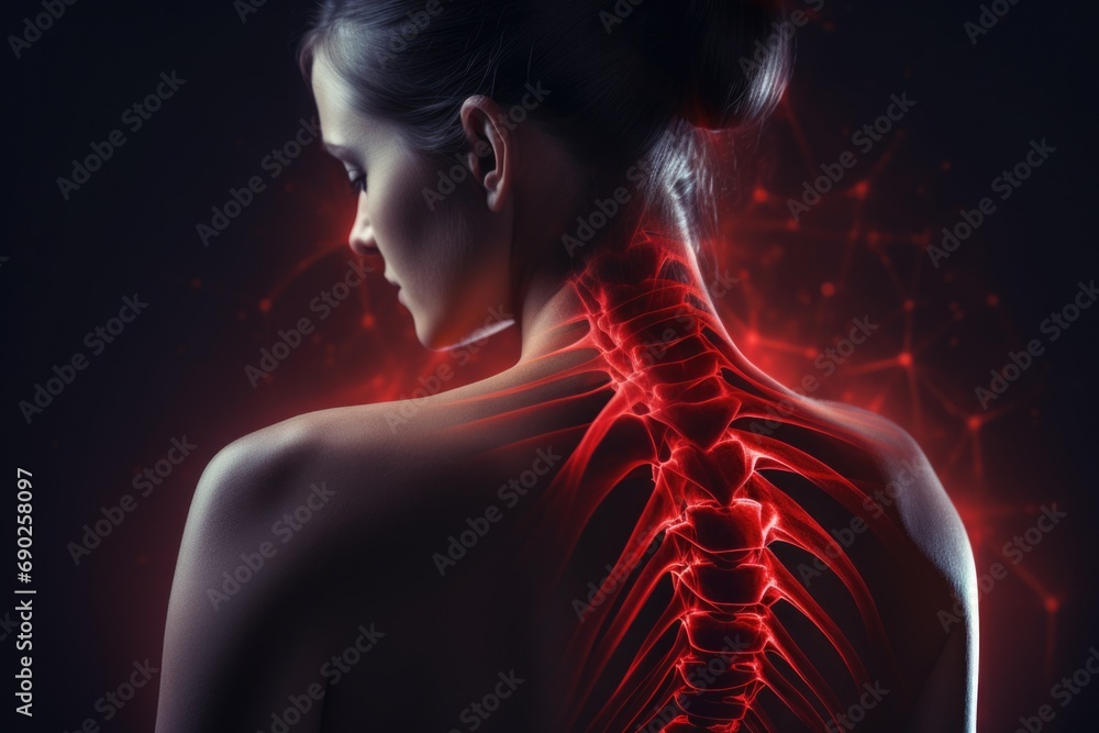 Poster a woman's back is depicted in the image, with a glowing red spine. this unique and intriguing image 