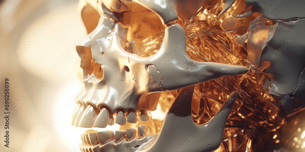 Poster a detailed close-up of a skull placed on a table. ideal for halloween-themed designs or projects rel