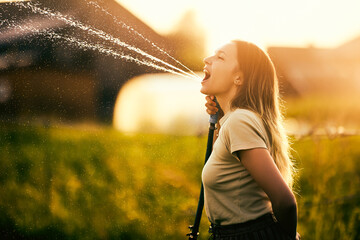 Young woman sprays water from garden hose to water plants while fooling around and having fun.