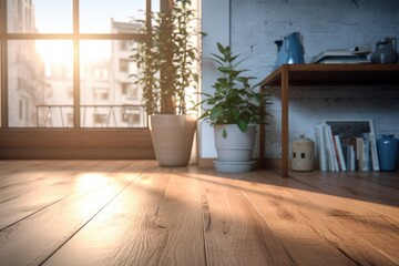 A simple and elegant wooden floor with a potted plant placed in front of a window. This image can be used to showcase interior design, home decor, or natural elements in a room