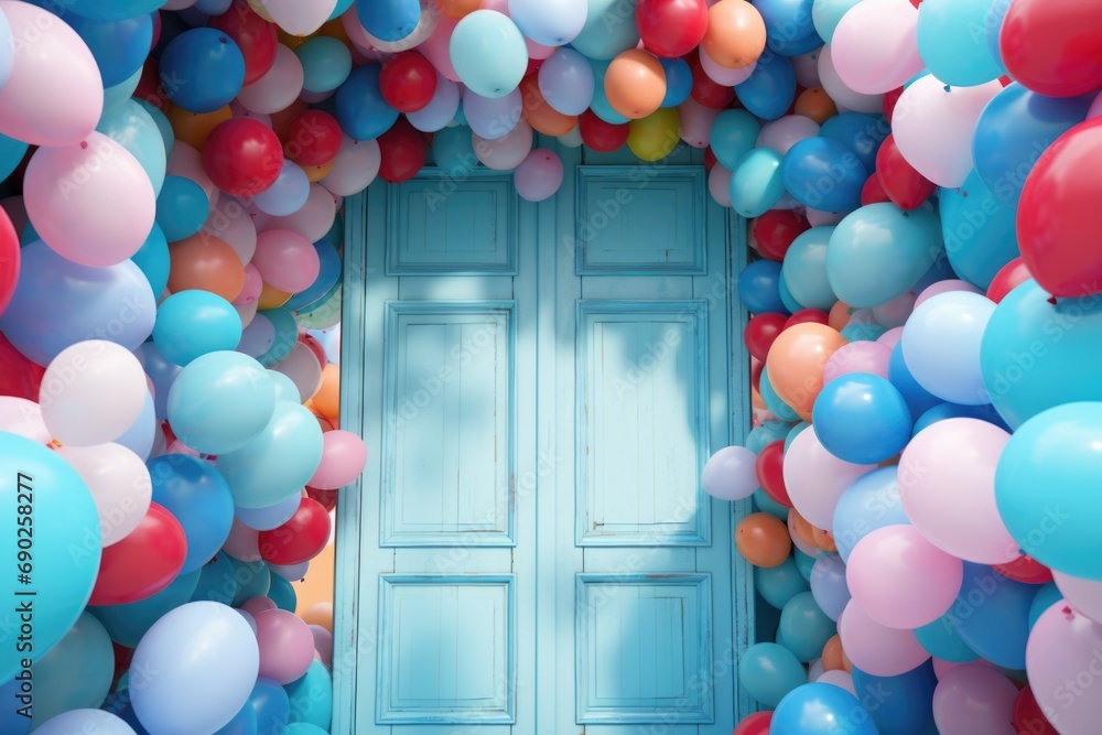 Poster A vibrant image showcasing a blue door adorned with an array of colorful balloons. Perfect for adding a touch of joy and excitement to any project or event