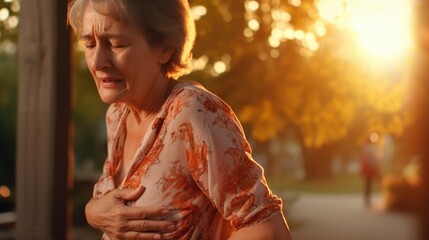 Obraz premium A woman is shown with her hands placed on her chest. This image can be used to convey emotions such as surprise, gratitude, or awe.